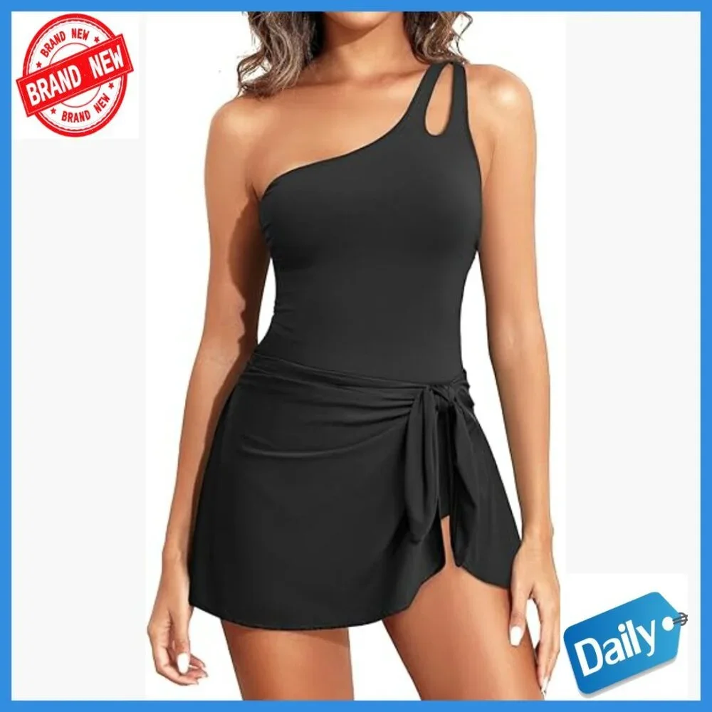 One Shoulder Tummy Control Swim Dress with Skirt X-Large One Piece Swimsuit